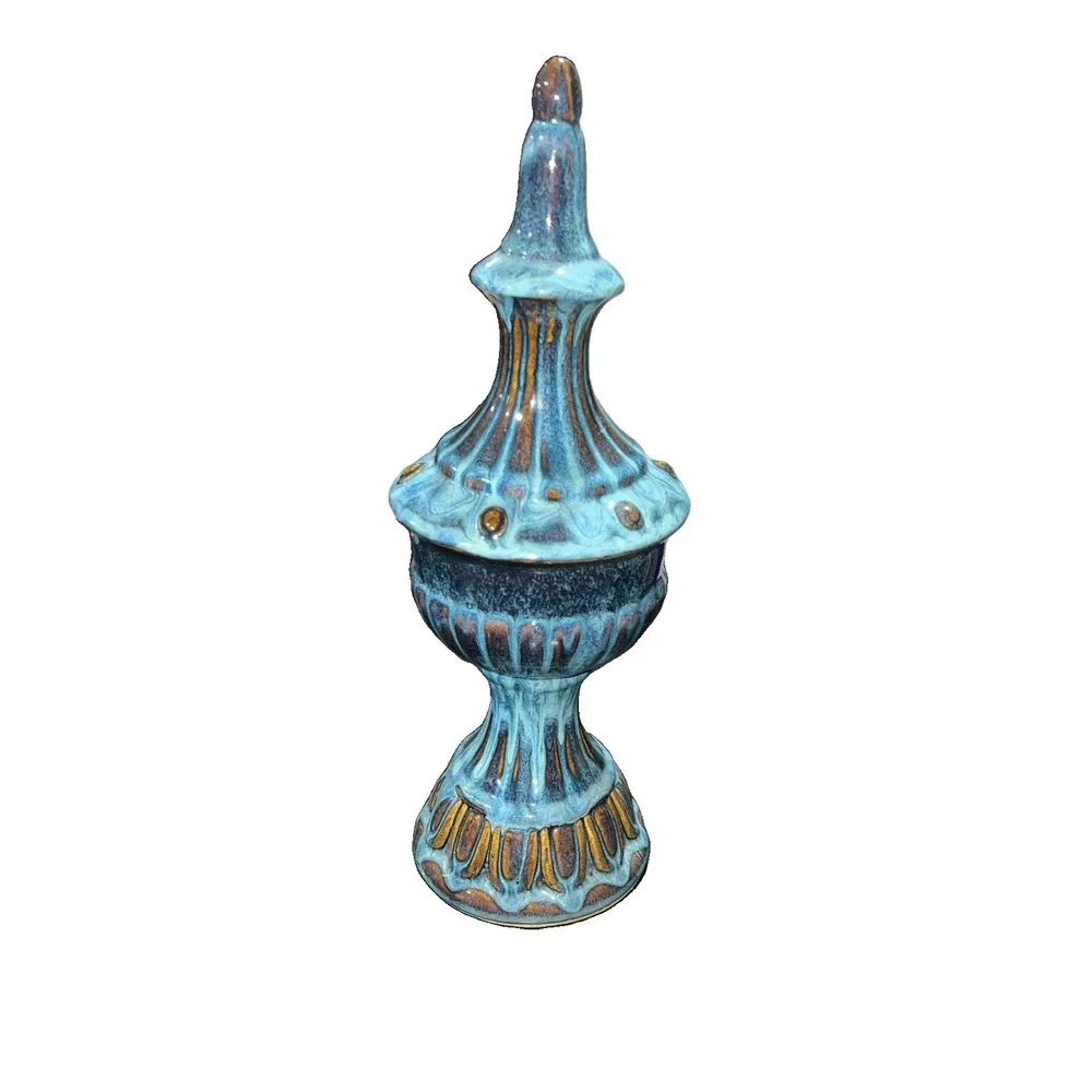 8/CERAMIC FINIAL STATUE Drip Glaze Finish Neoclassic Mid-Century 15 3/4